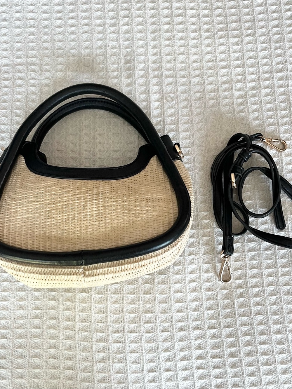 a new day Cream Woven crossbody Bag with Black Trim